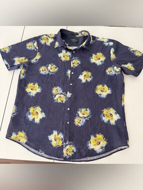 Linen Navy Floral Short-Sleeve Button-Up Shirt XXL